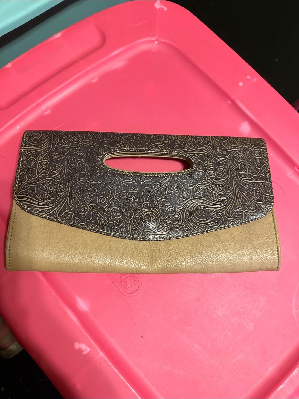 Cato Two-Tone Embossed Floral Clutch in Brown and Tan